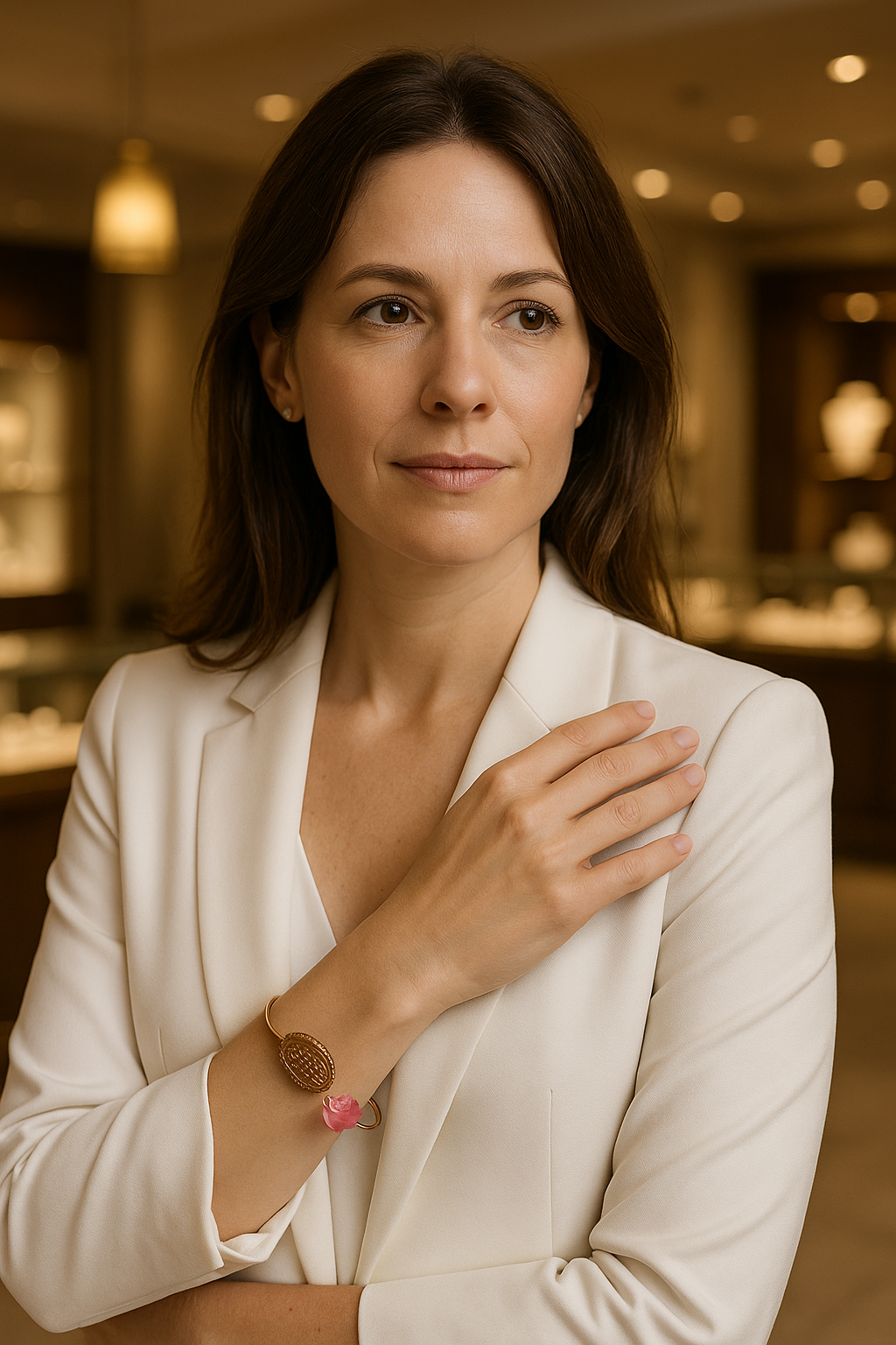 Braselete Capim dourado e pedra rosa