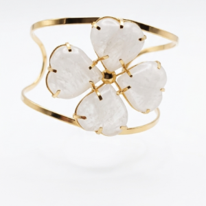 Bracelete Aro Dourado Trevo de Copas em Quartzo Branco